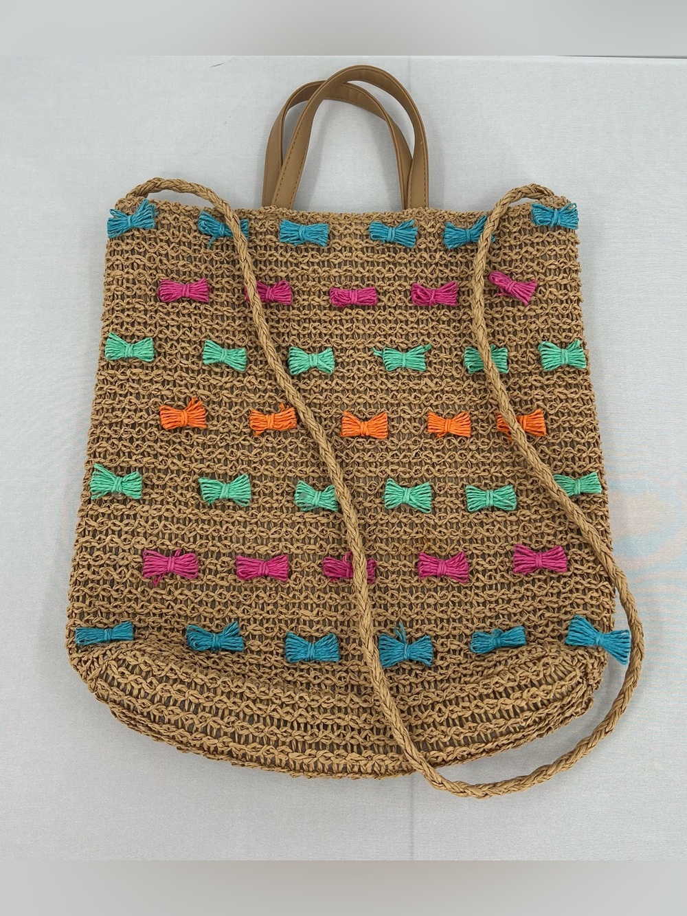 Raffia woven straw colorful Bow Tote Beach Bag euro summer coastal vacation